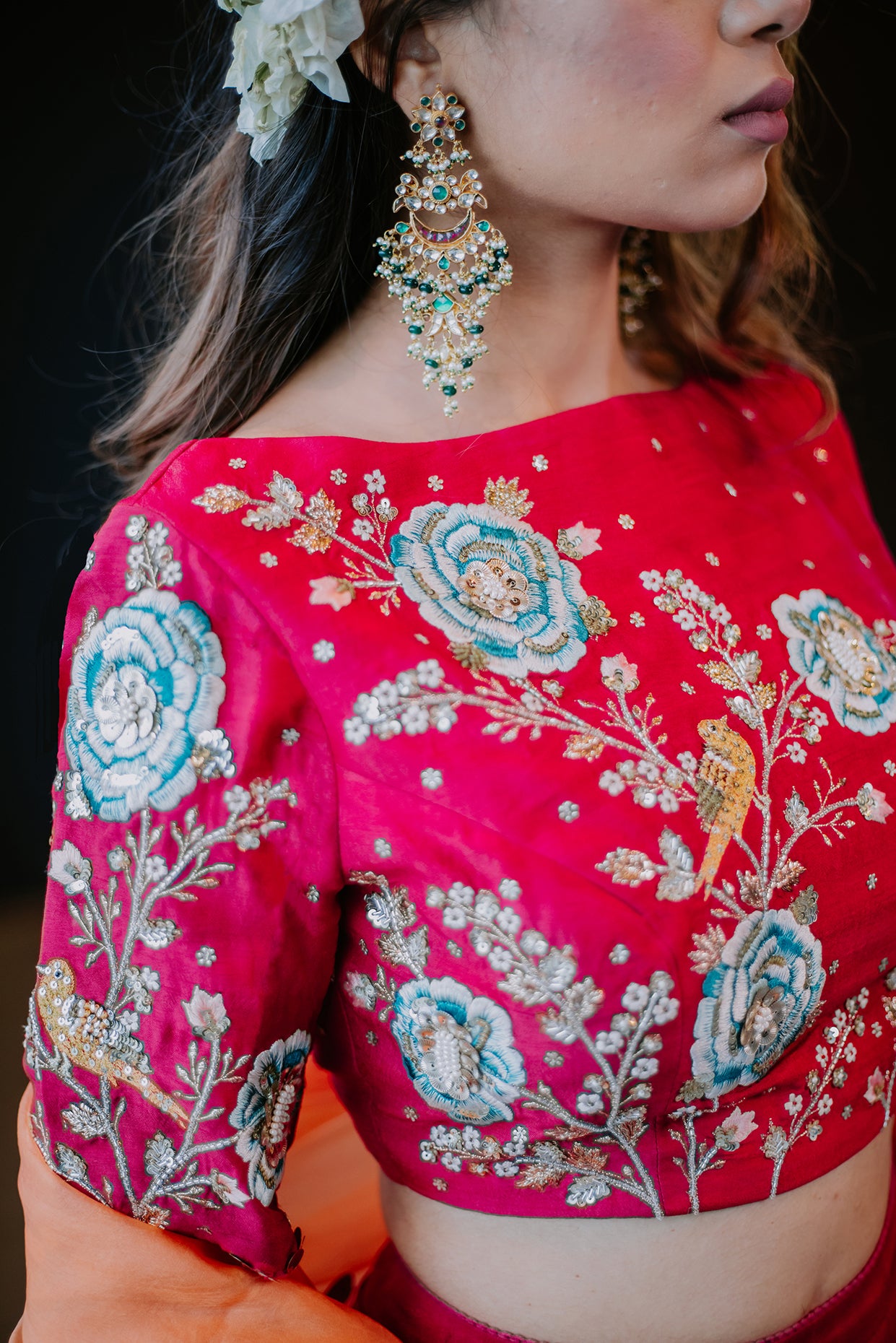 Cherry Red Silk Embroidered Crop Top Skirt Set