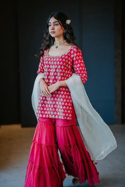 Cherry Red Silk Tiered Sharara Set