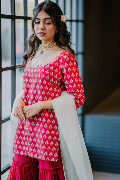 Cherry Red Silk Tiered Sharara Set