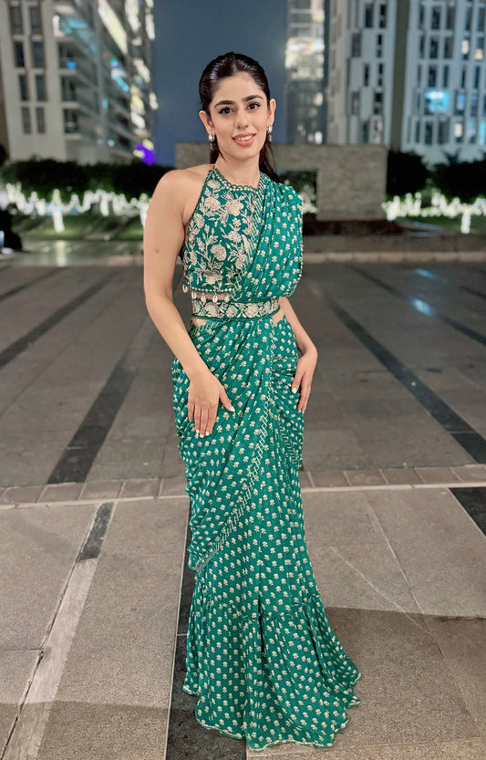 Alisha Chopra In Green Georgette Pre-Draped Saree Set