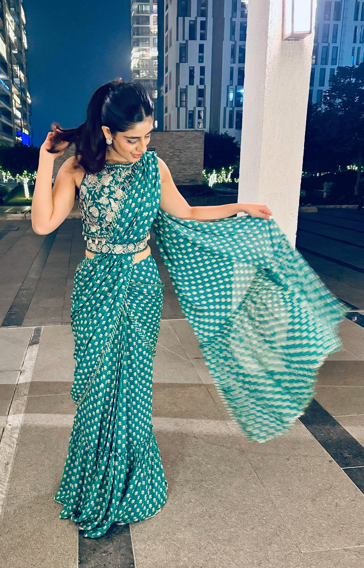 Alisha Chopra In Green Georgette Pre-Draped Saree Set