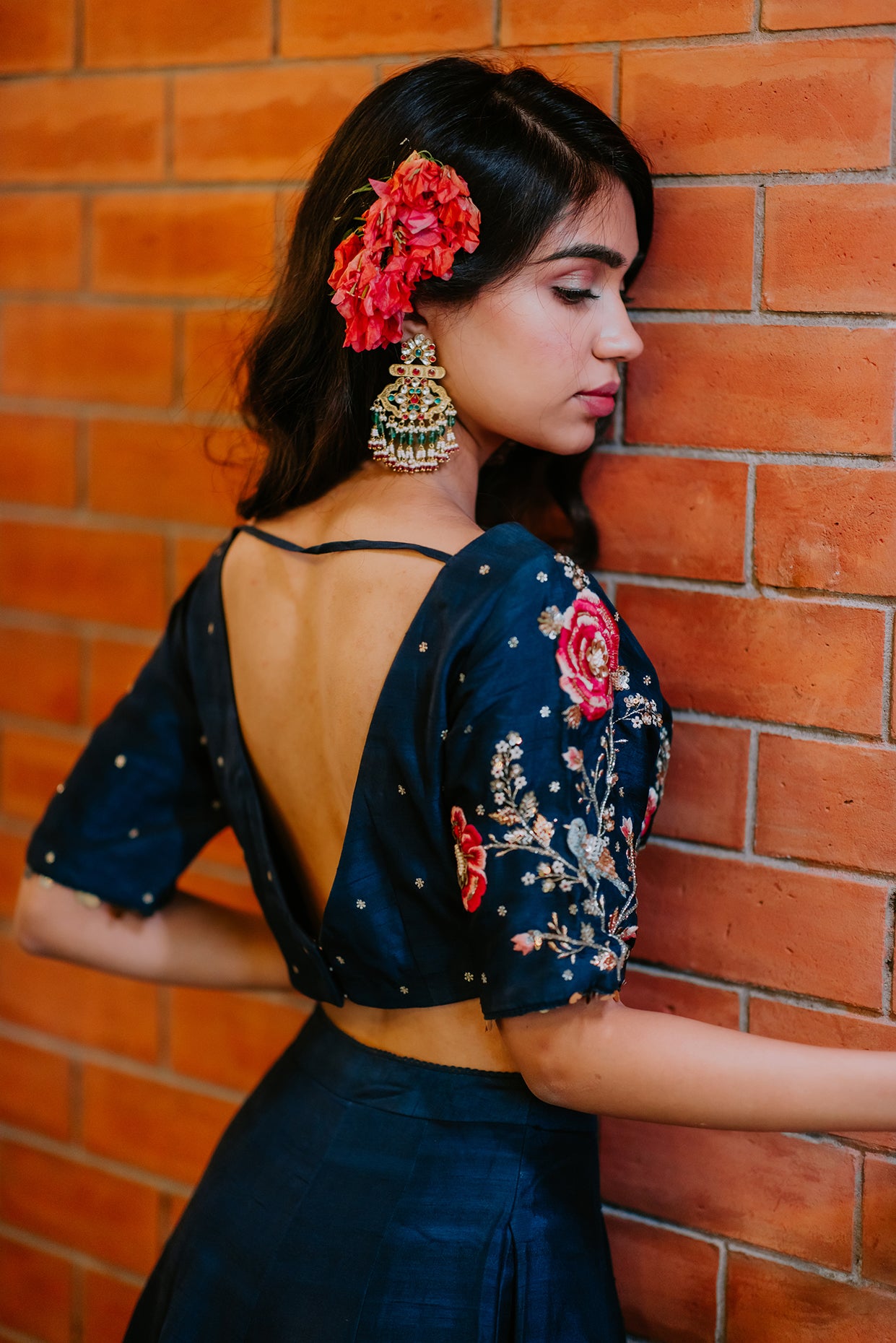 Indigo Silk Embroidered Crop Top Skirt Set