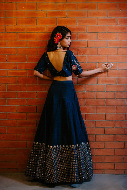 Indigo Silk Embroidered Crop Top Skirt Set