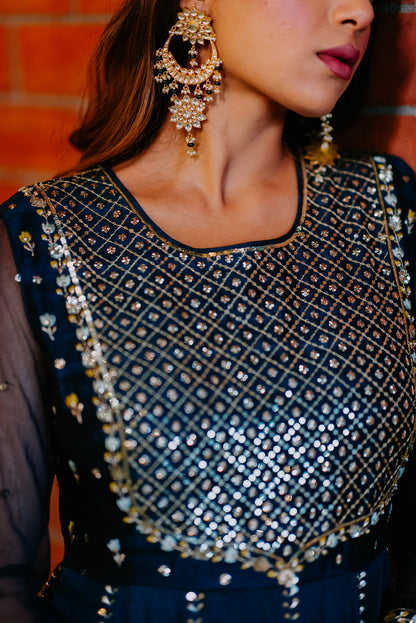 Indigo Kalidaar Embroidered Anarkali Set