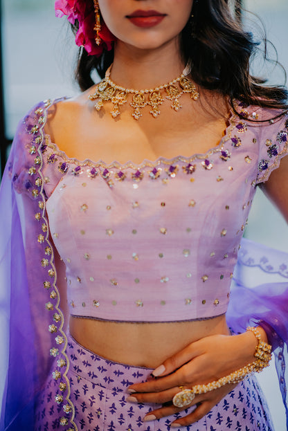 Lilac Silk Printed & Embroidered Lehenga Set