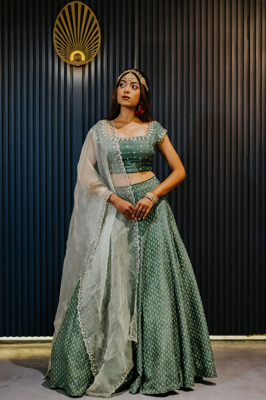 Green Silk Printed & Embroidered Lehenga Set