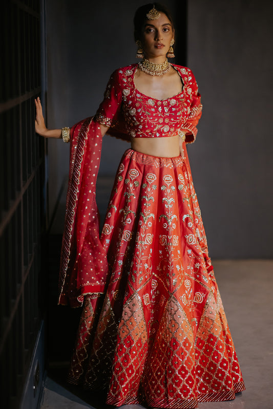 Crimson Silk Embroidered Ombre Lehenga Set