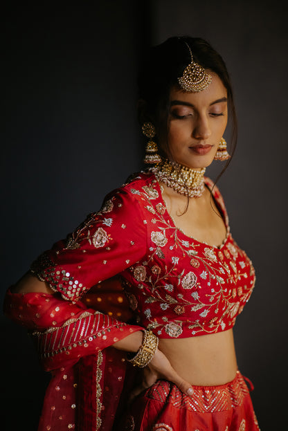 Crimson Silk Embroidered Ombre Lehenga Set