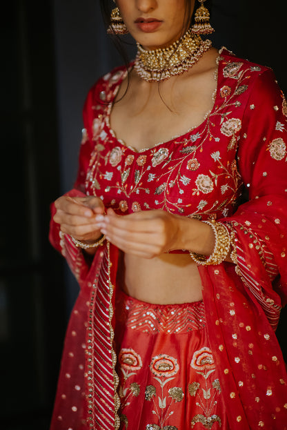 Crimson Silk Embroidered Ombre Lehenga Set