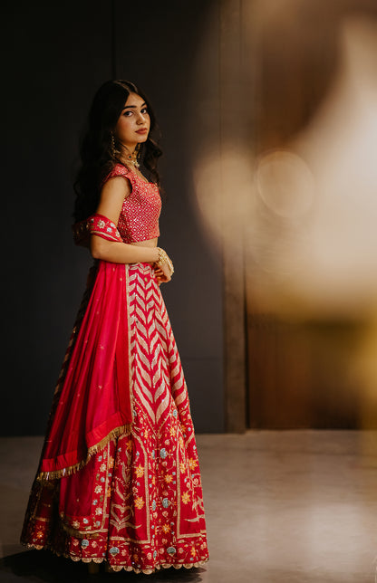 Hot Pink Silk Embroidered Bridal Lehenga Set