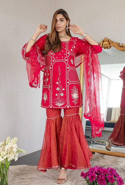 Summiyya In Cherry Red Silk Embroidered Gharara Set