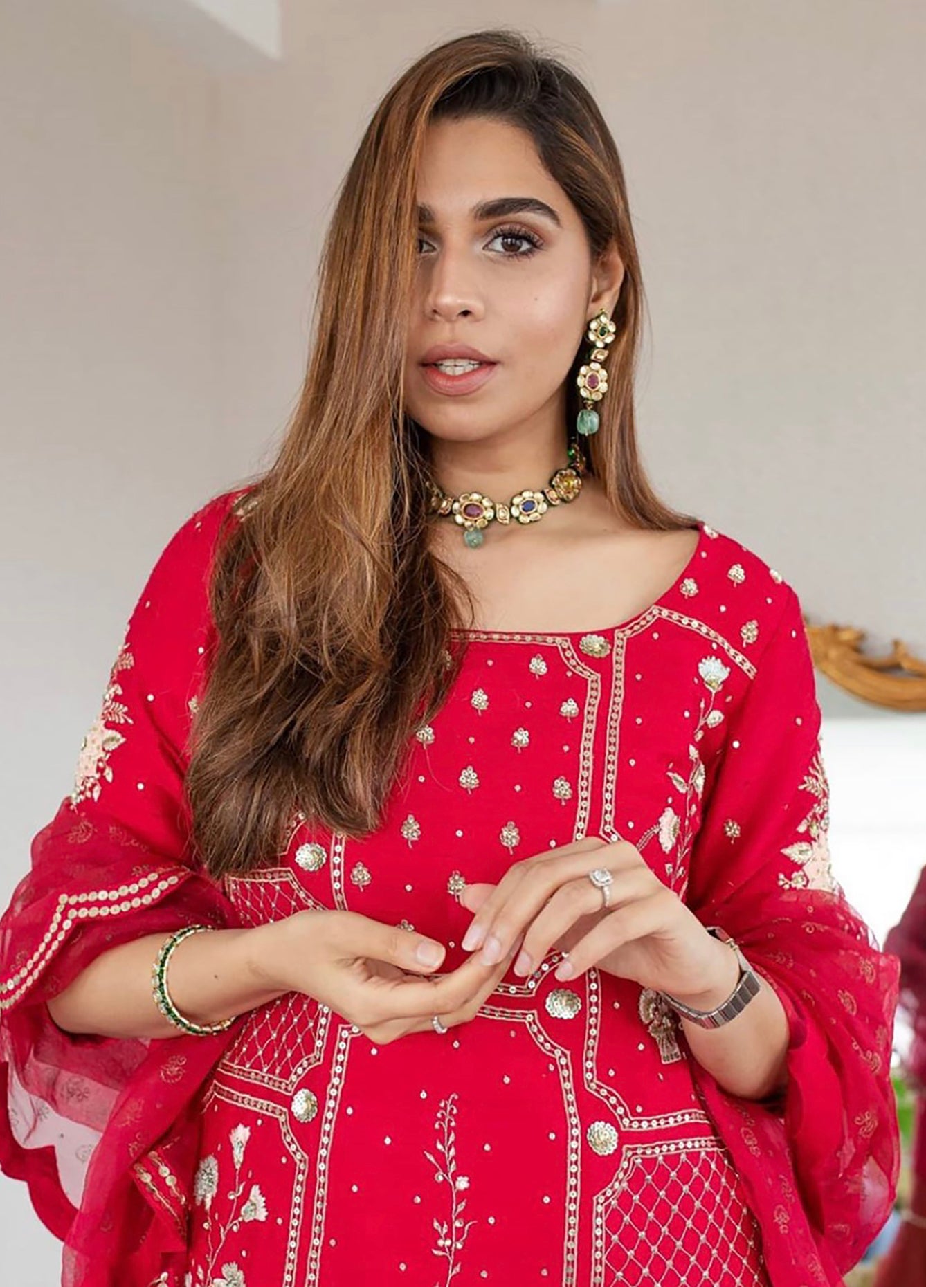 Summiyya In Cherry Red Silk Embroidered Gharara Set