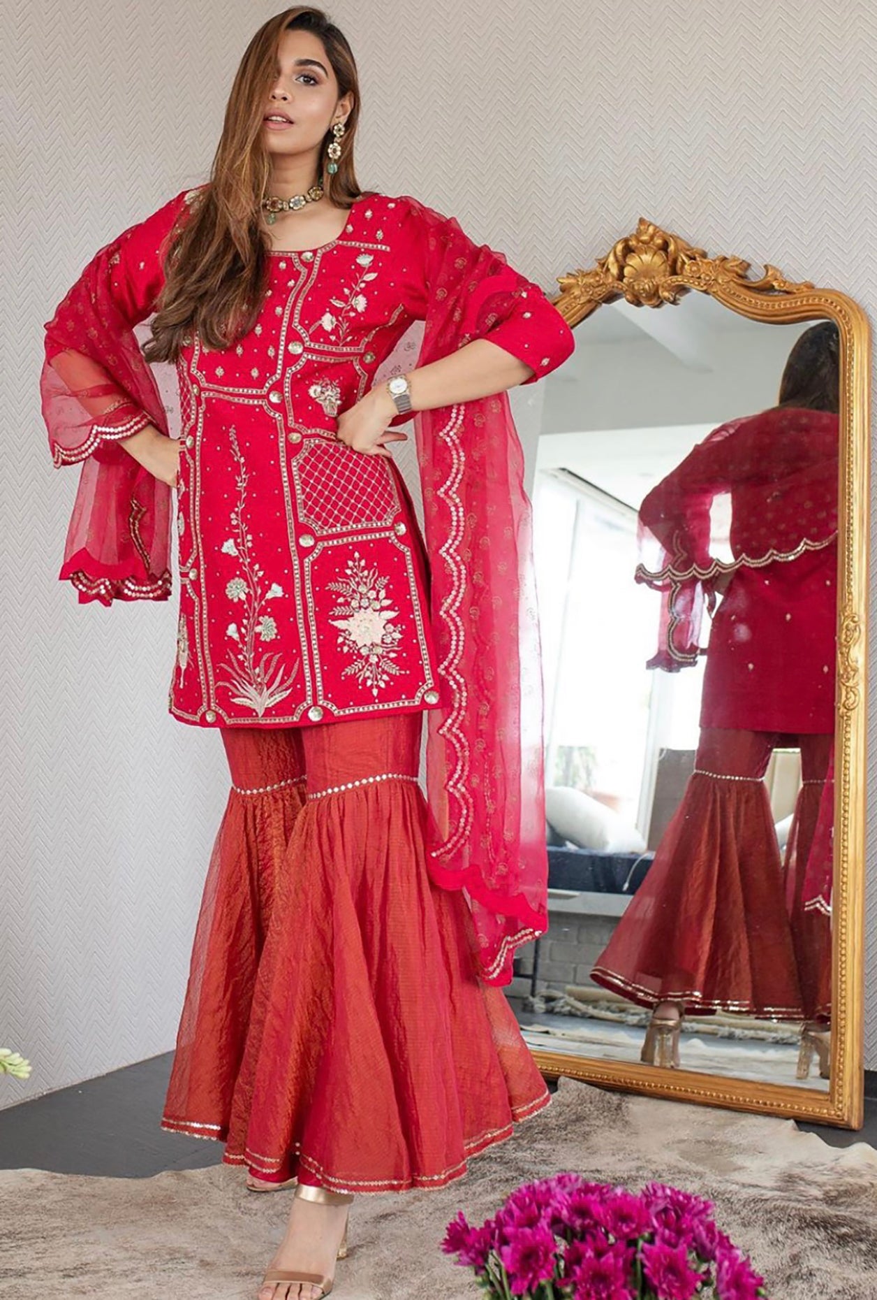 Summiyya In Cherry Red Silk Embroidered Gharara Set