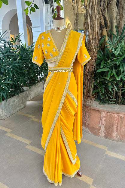 Marigold Yellow Embroidered Tissue Draped Saree Set