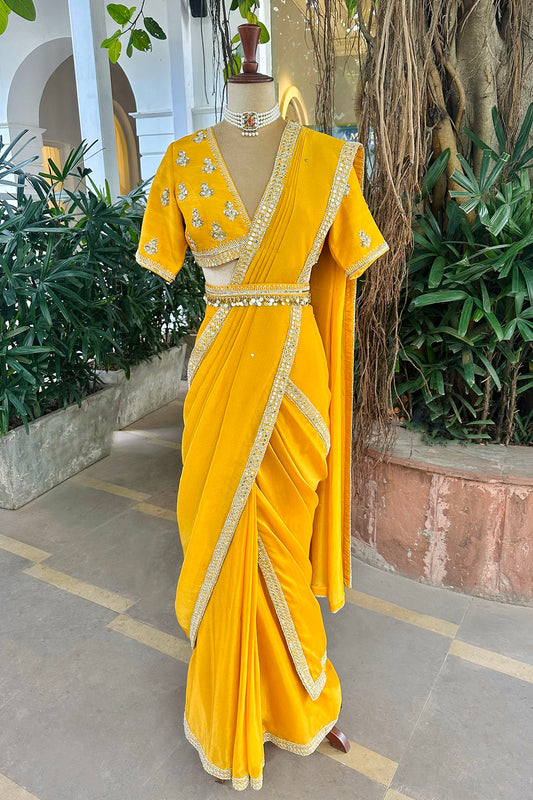 Marigold Yellow Embroidered Tissue Draped Saree Set