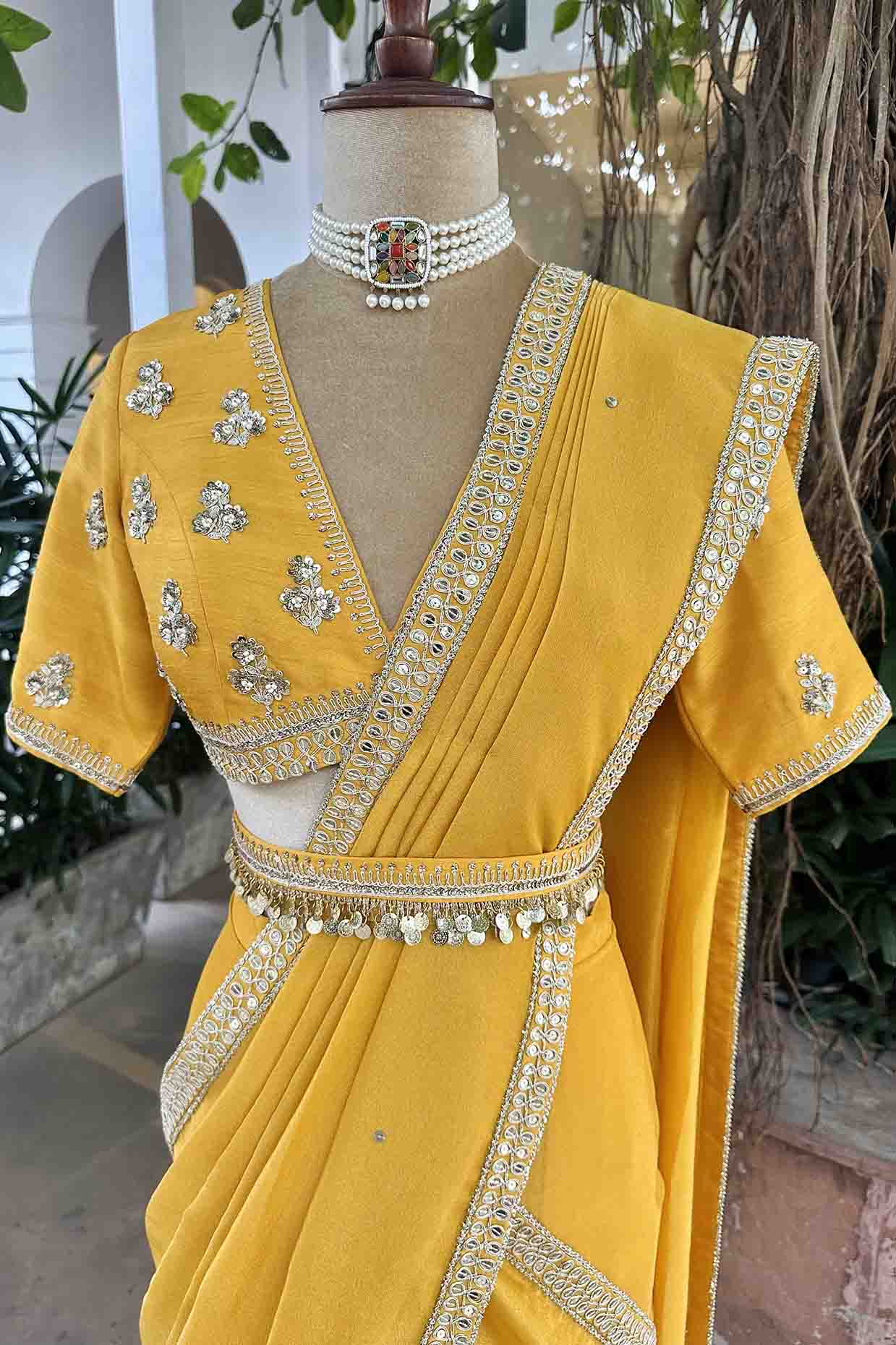 Marigold Yellow Embroidered Tissue Draped Saree Set