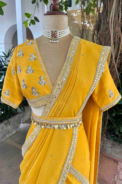 Marigold Yellow Embroidered Tissue Draped Saree Set