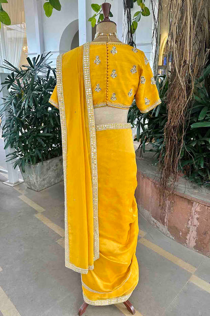 Marigold Yellow Embroidered Tissue Draped Saree Set