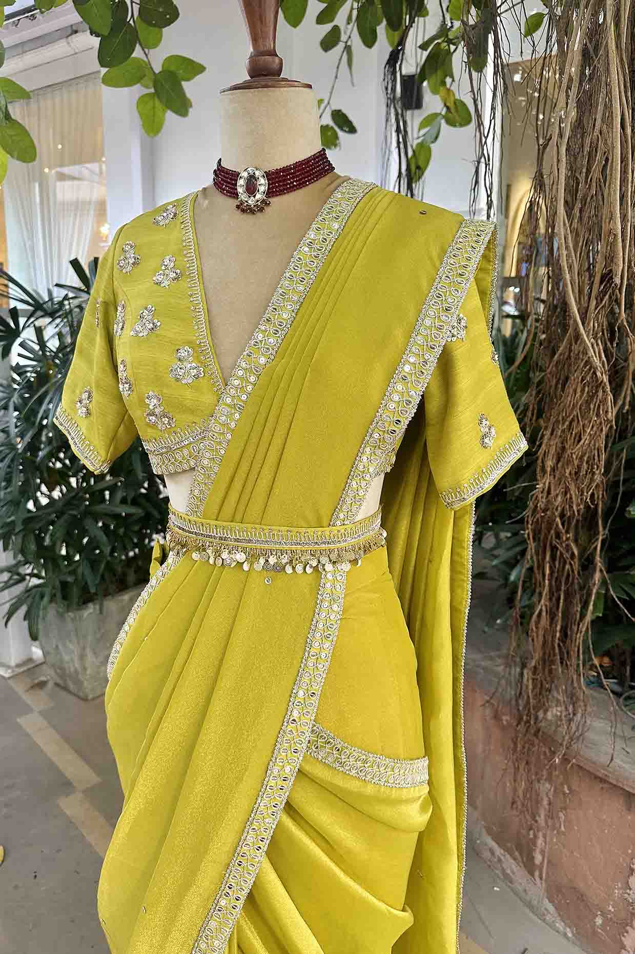 Lime Green Embroidered Tissue Draped Saree Set