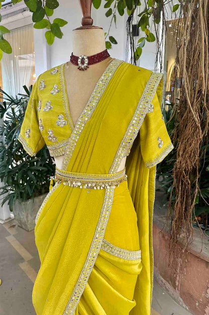 Lime Green Embroidered Tissue Draped Saree Set