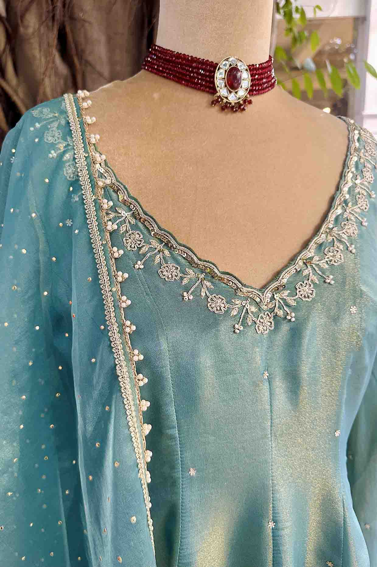 Jade Tissue Embroidered Anarkali Set