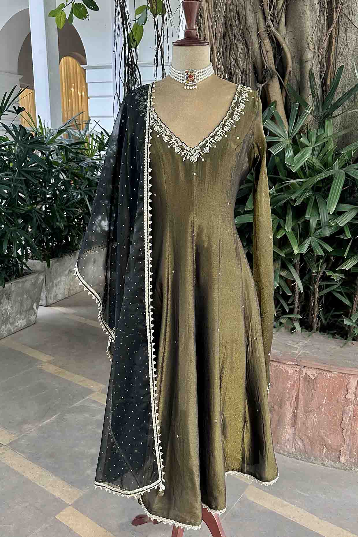 Black Olive Tissue Embroidered Anarkali Set