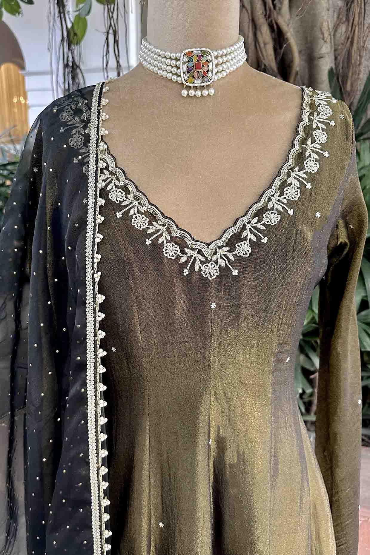 Black Olive Tissue Embroidered Anarkali Set