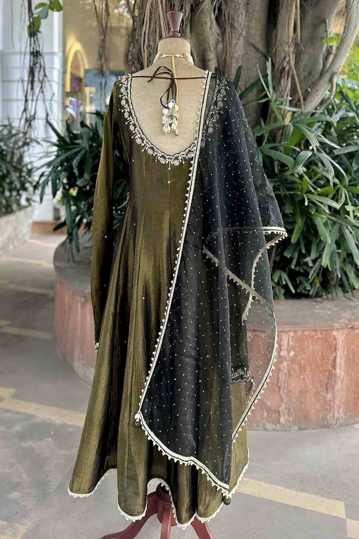 Black Olive Tissue Embroidered Anarkali Set