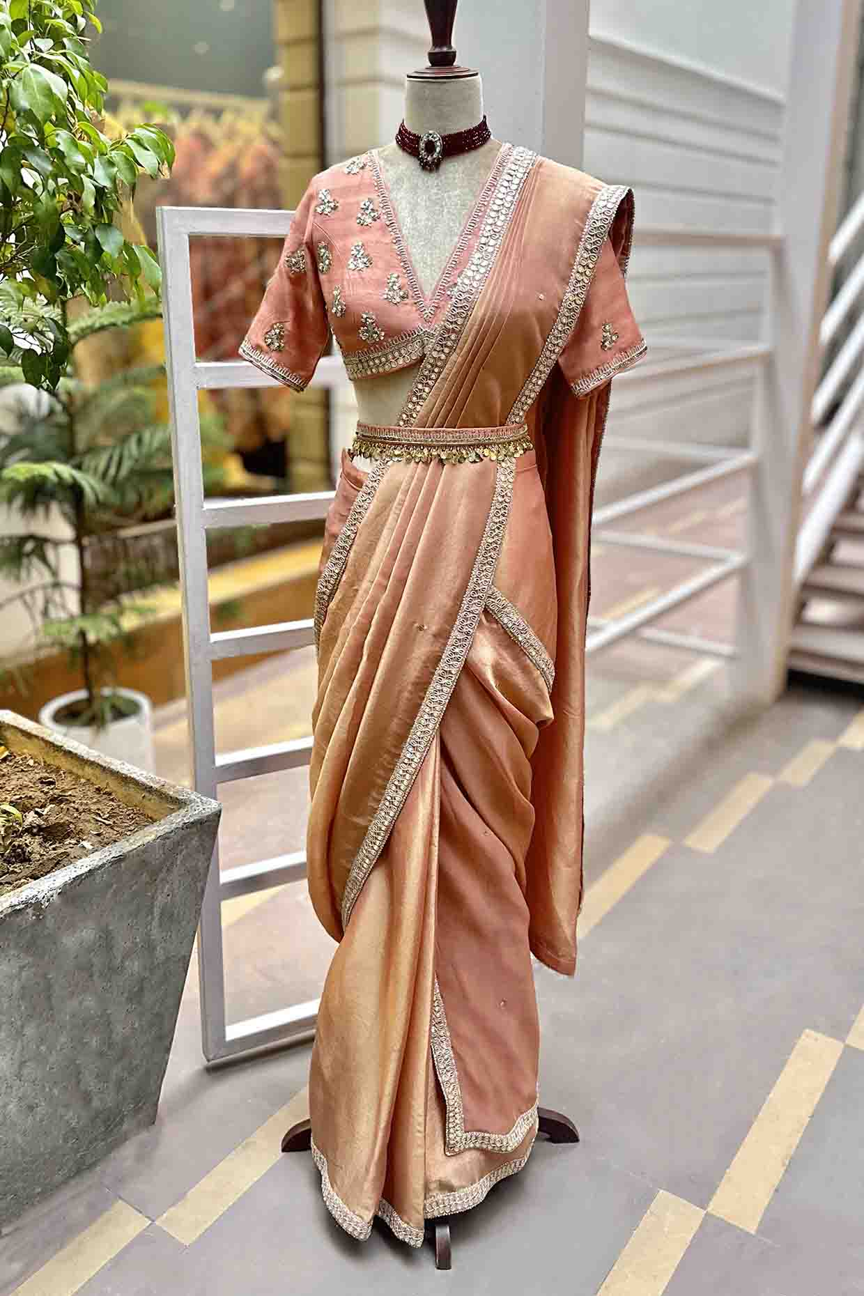 Rose Pink Embroidered Tissue Draped Saree Set