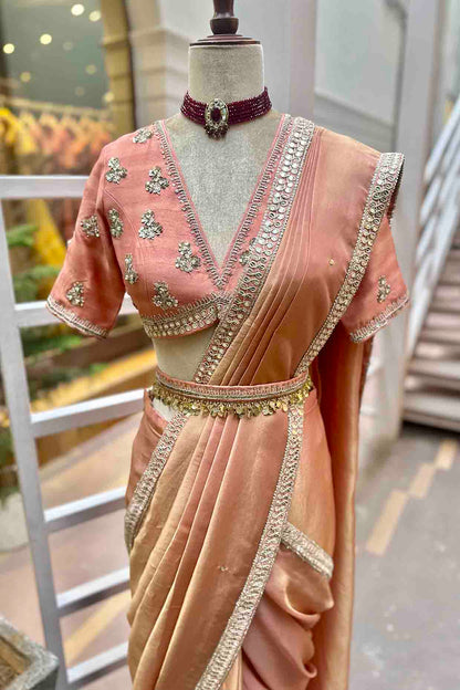 Rose Pink Embroidered Tissue Draped Saree Set