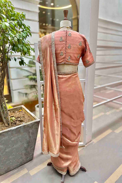 Rose Pink Embroidered Tissue Draped Saree Set