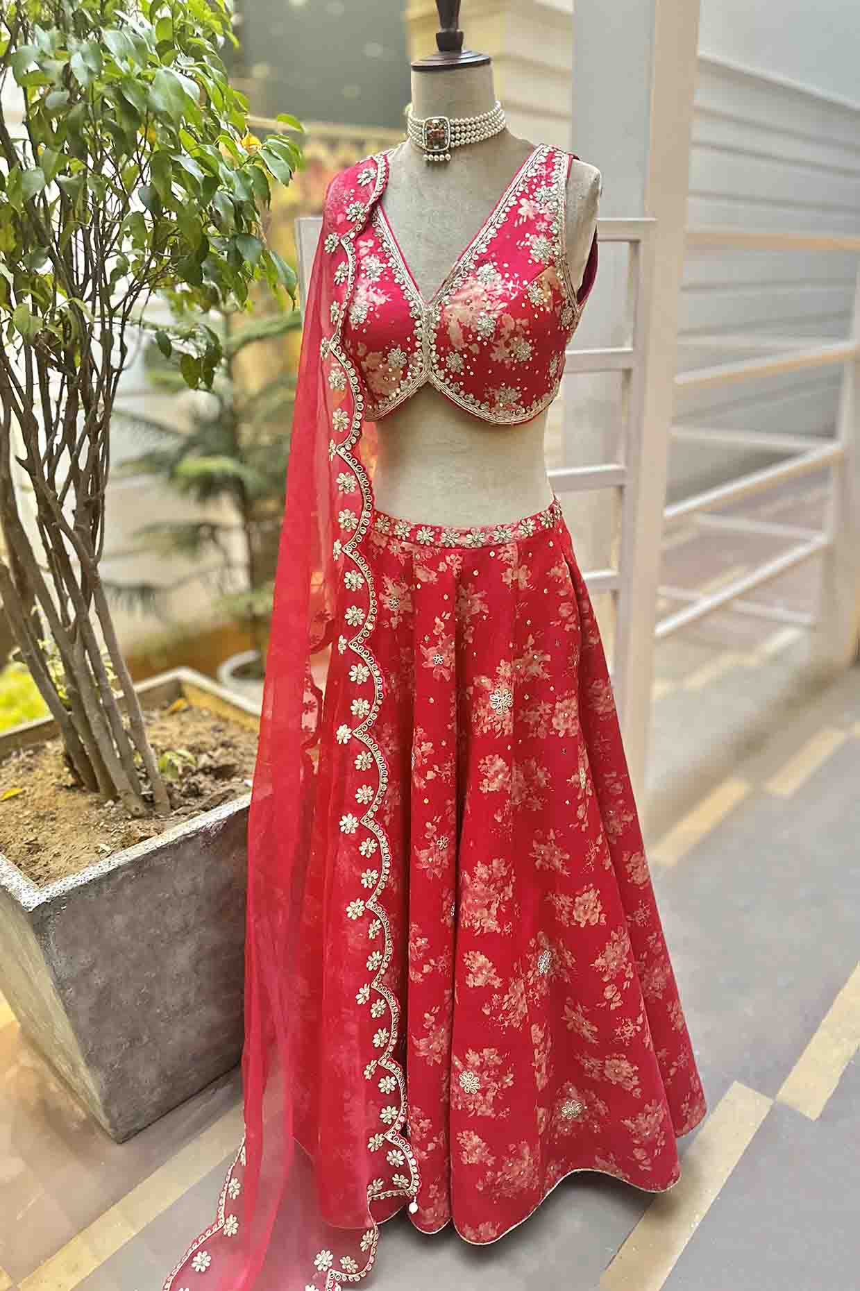 Raspberry Pink Silk Floral Printed & Embroidered Skirt Set