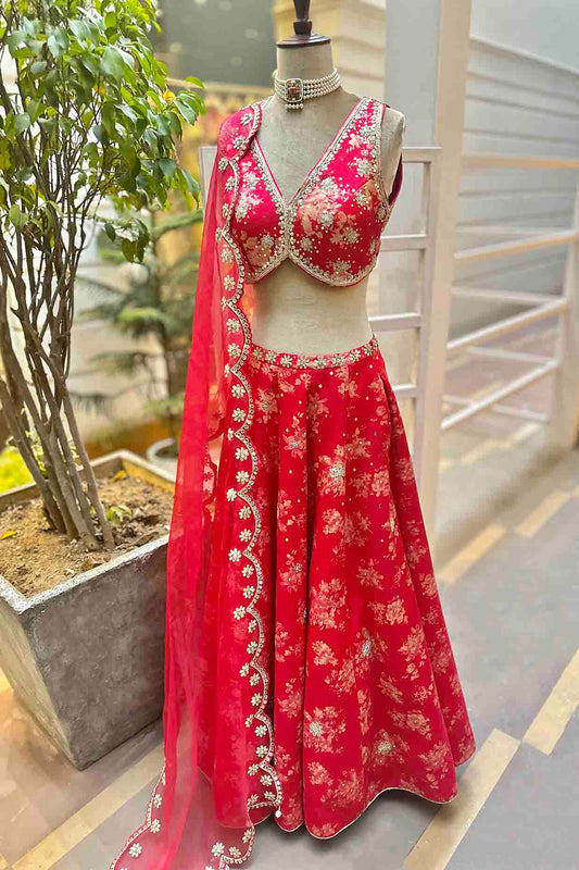 Raspberry Pink Silk Floral Printed & Embroidered Skirt Set