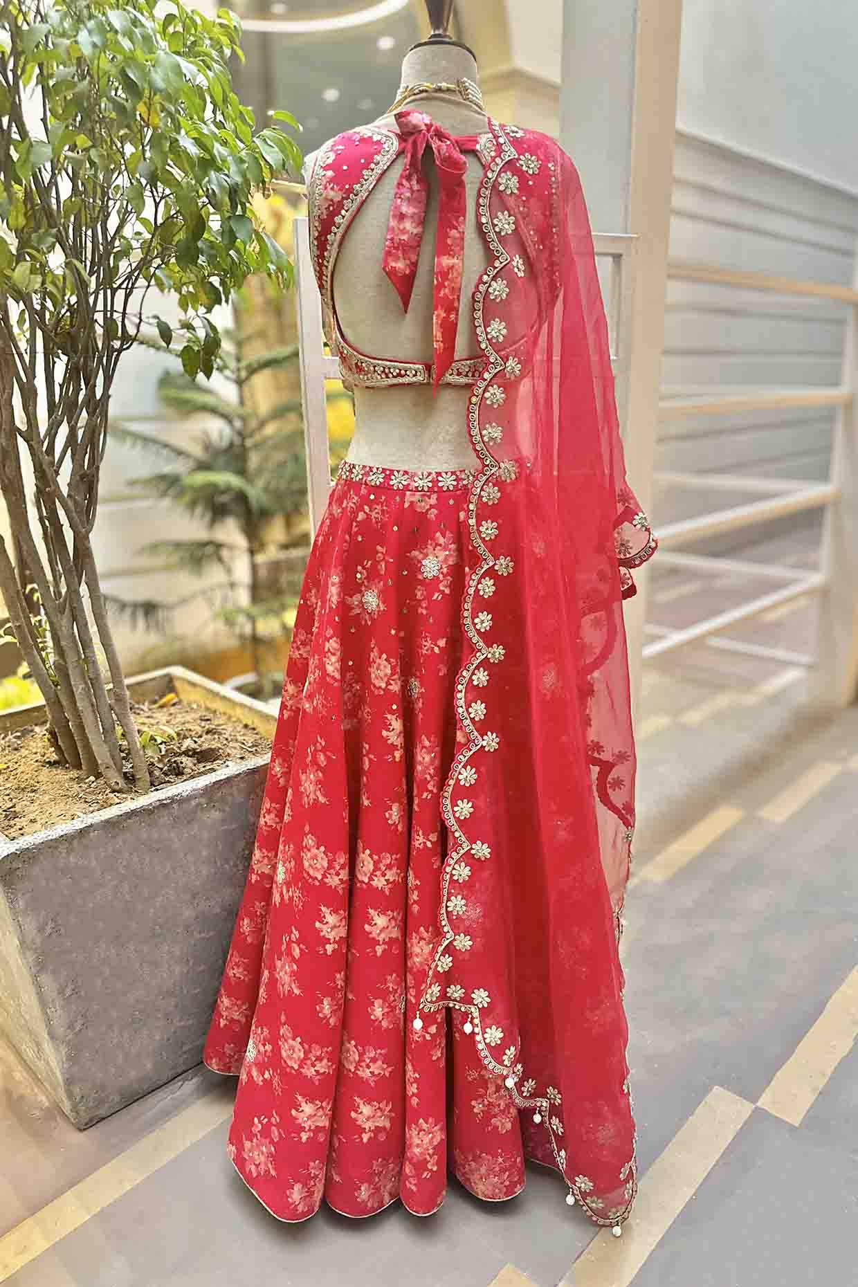 Raspberry Pink Silk Floral Printed & Embroidered Skirt Set