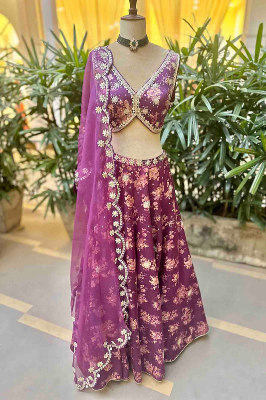 Dark Grape Silk Floral Printed & Embroidered Skirt Set