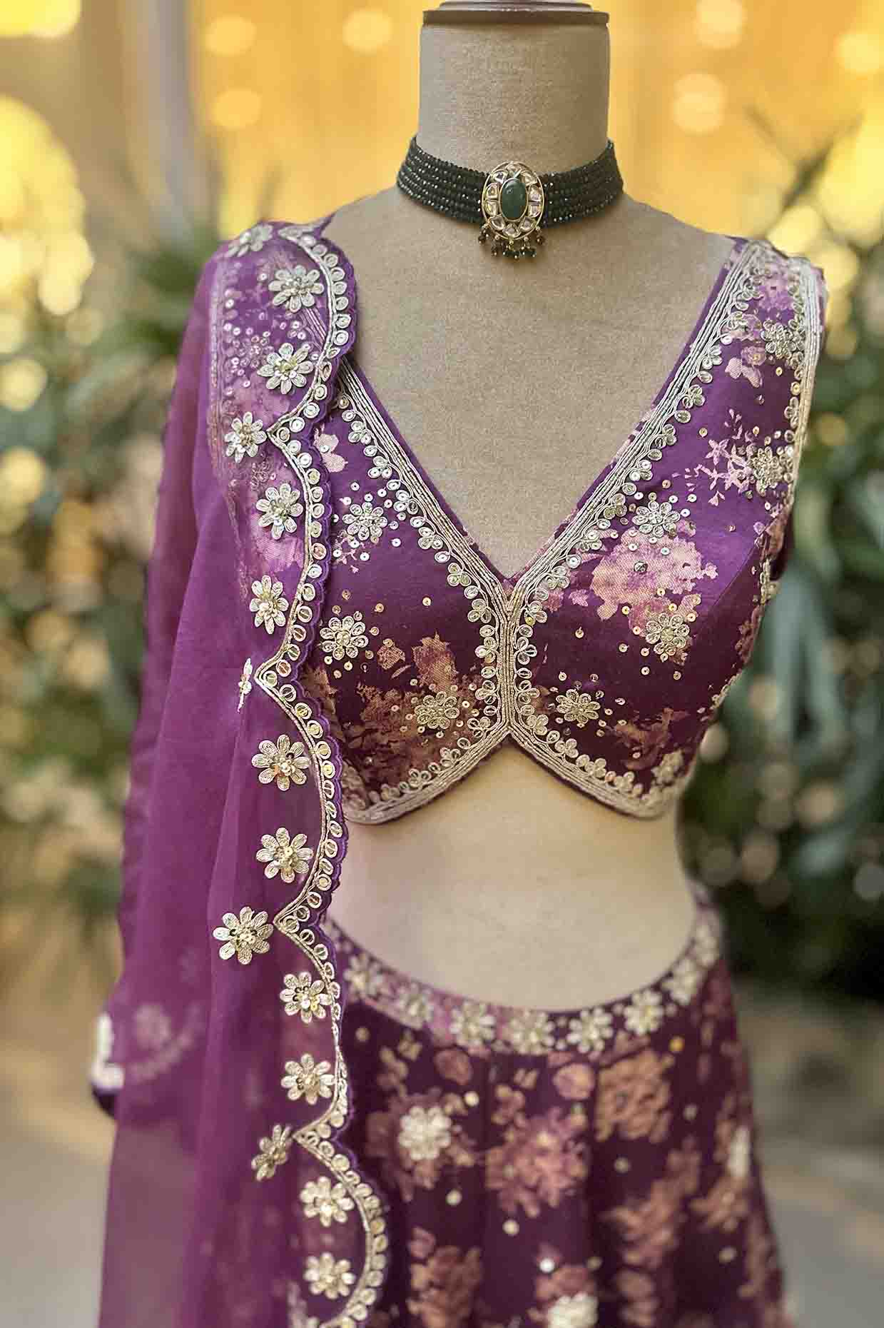 Dark Grape Silk Floral Printed & Embroidered Skirt Set