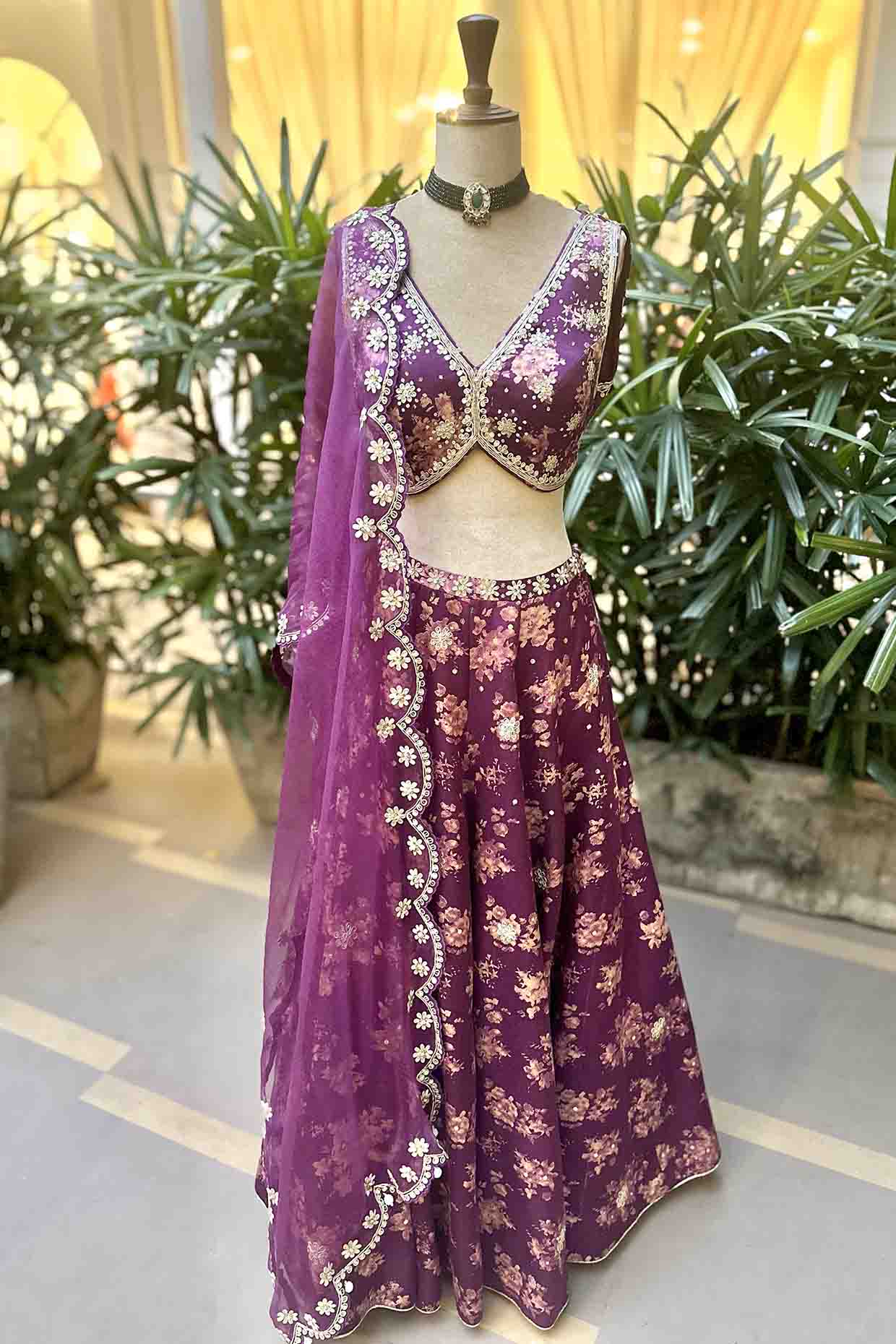 Dark Grape Silk Floral Printed & Embroidered Skirt Set