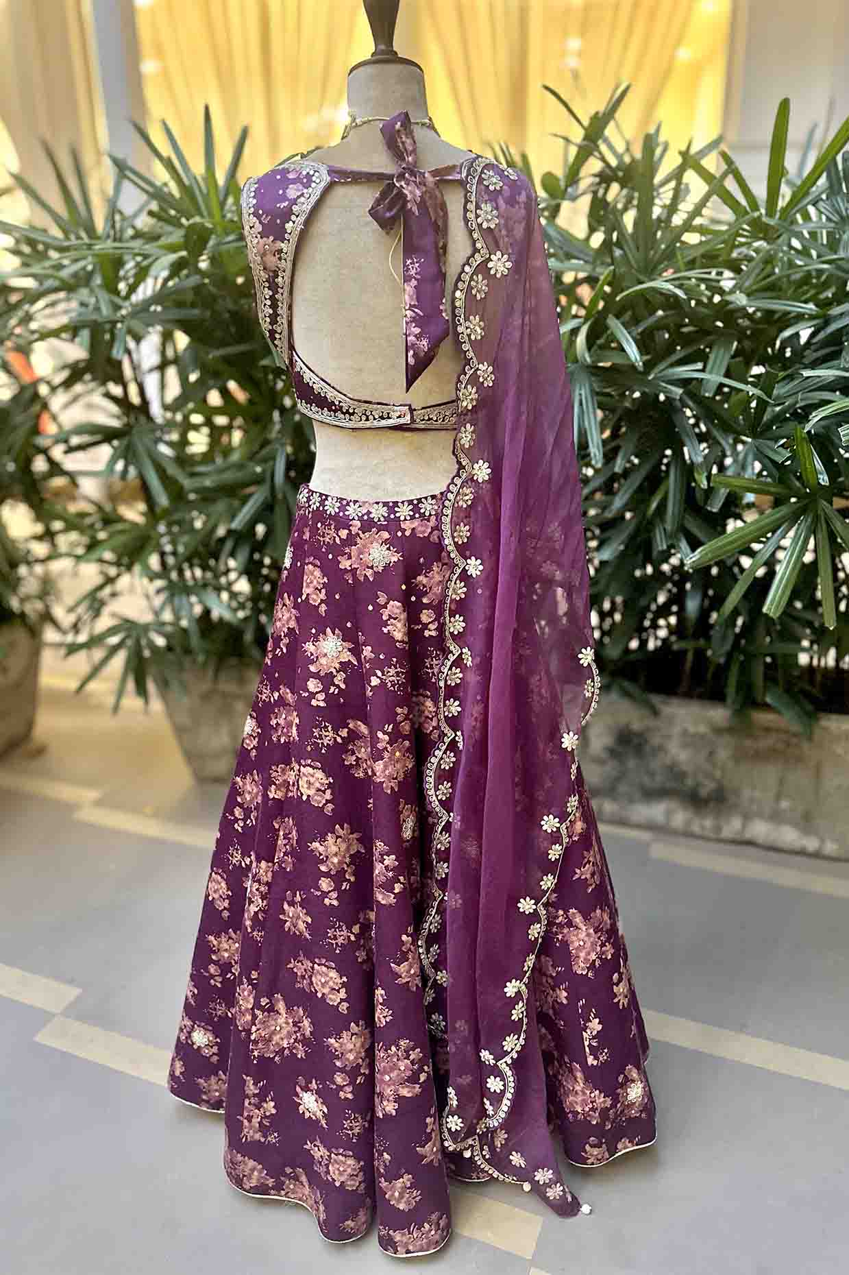 Dark Grape Silk Floral Printed & Embroidered Skirt Set