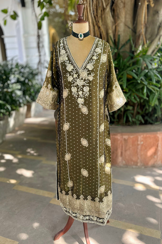 Black Olive Embroidered Tissue Kaftan