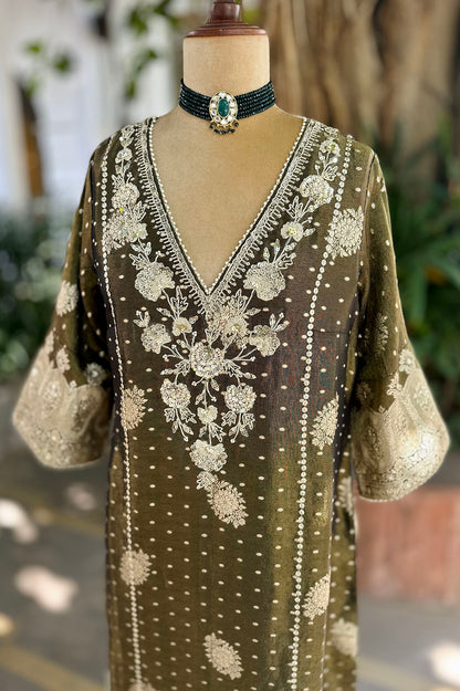 Black Olive Embroidered Tissue Kaftan