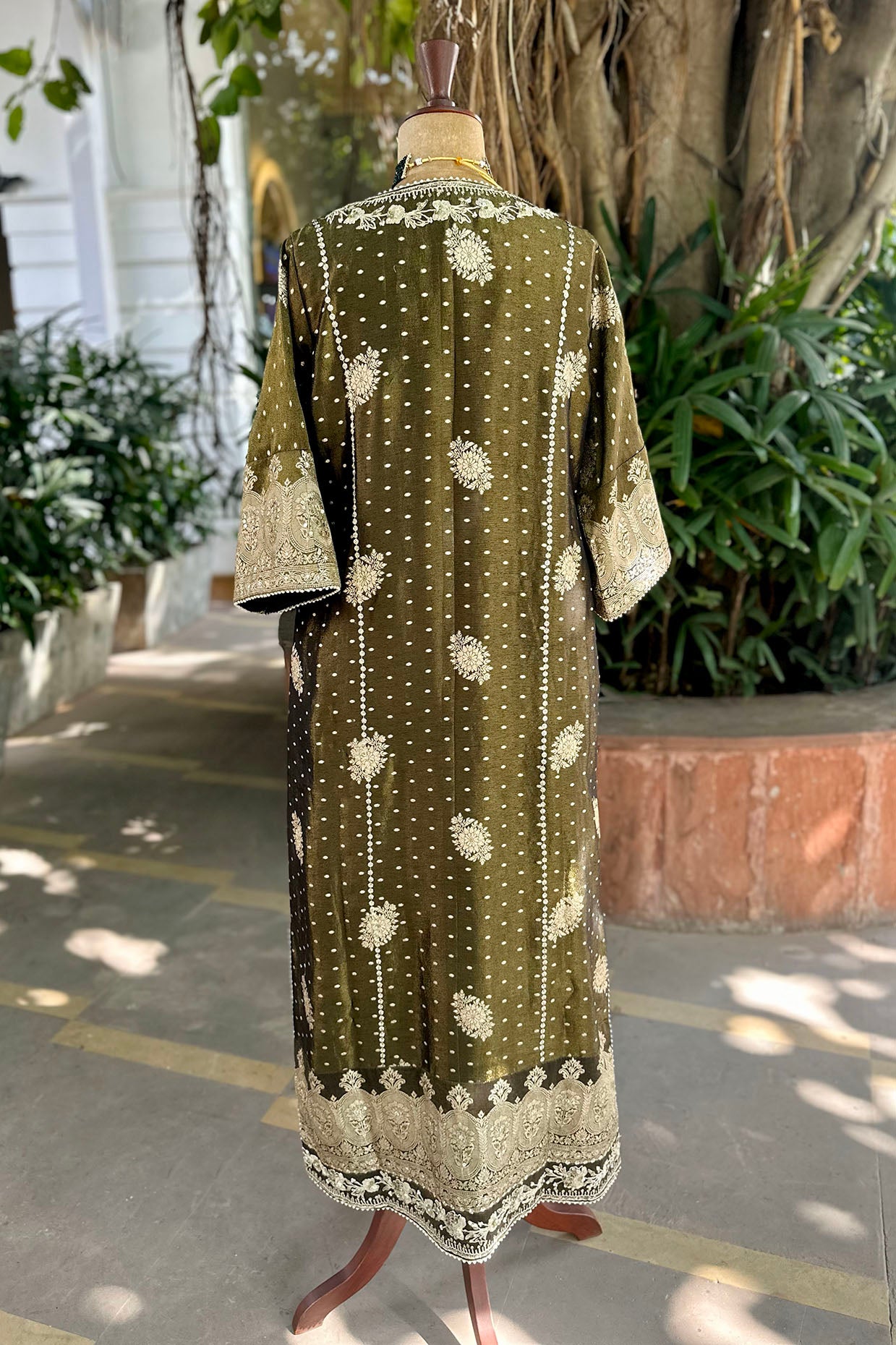 Black Olive Embroidered Tissue Kaftan