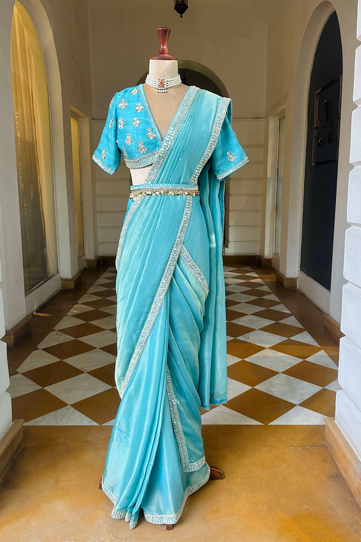 Sky Blue Embroidered Tissue Draped Saree Set