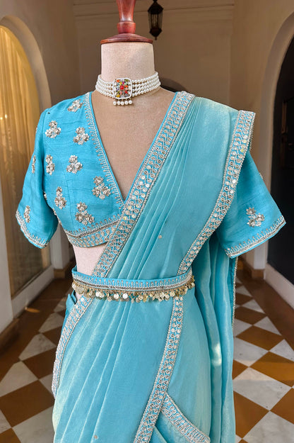 Sky Blue Embroidered Tissue Draped Saree Set