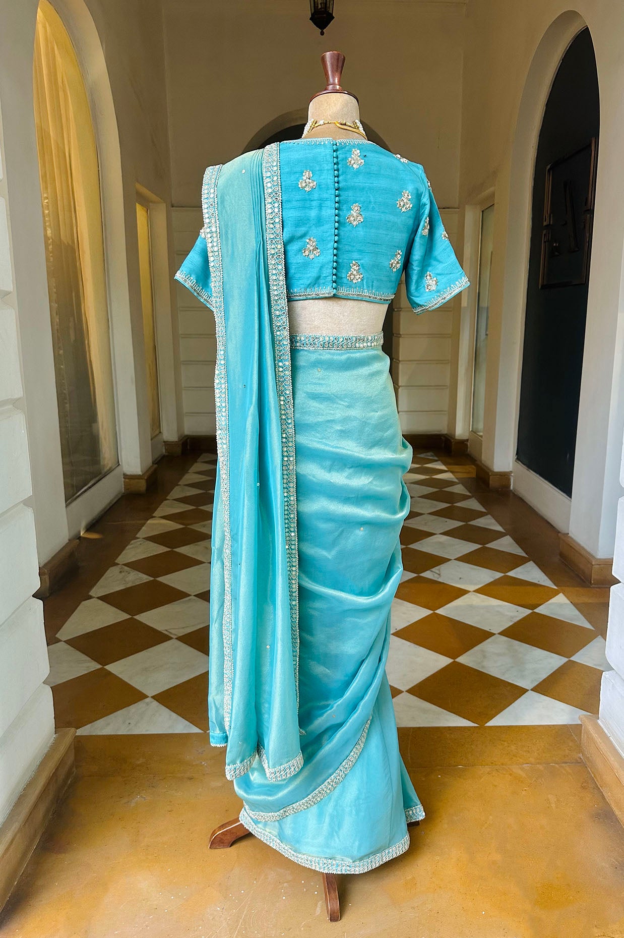 Sky Blue Embroidered Tissue Draped Saree Set