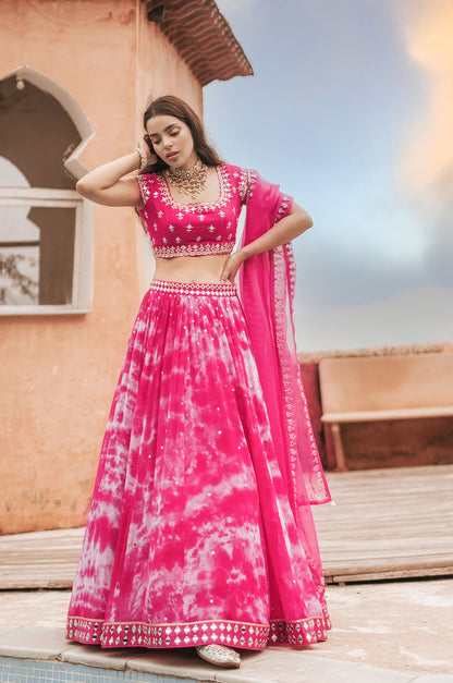 Sheena Sherwani In Hot Pink Tie-Dye Mirror-Work Lehenga Set