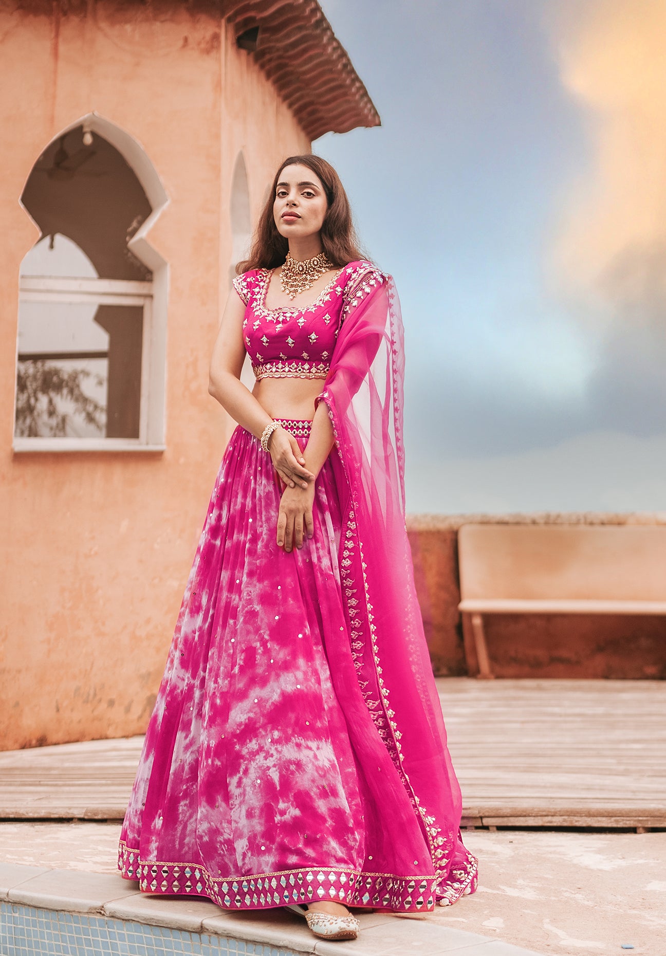 Sheena Sherwani In Hot Pink Tie-Dye Mirror-Work Lehenga Set