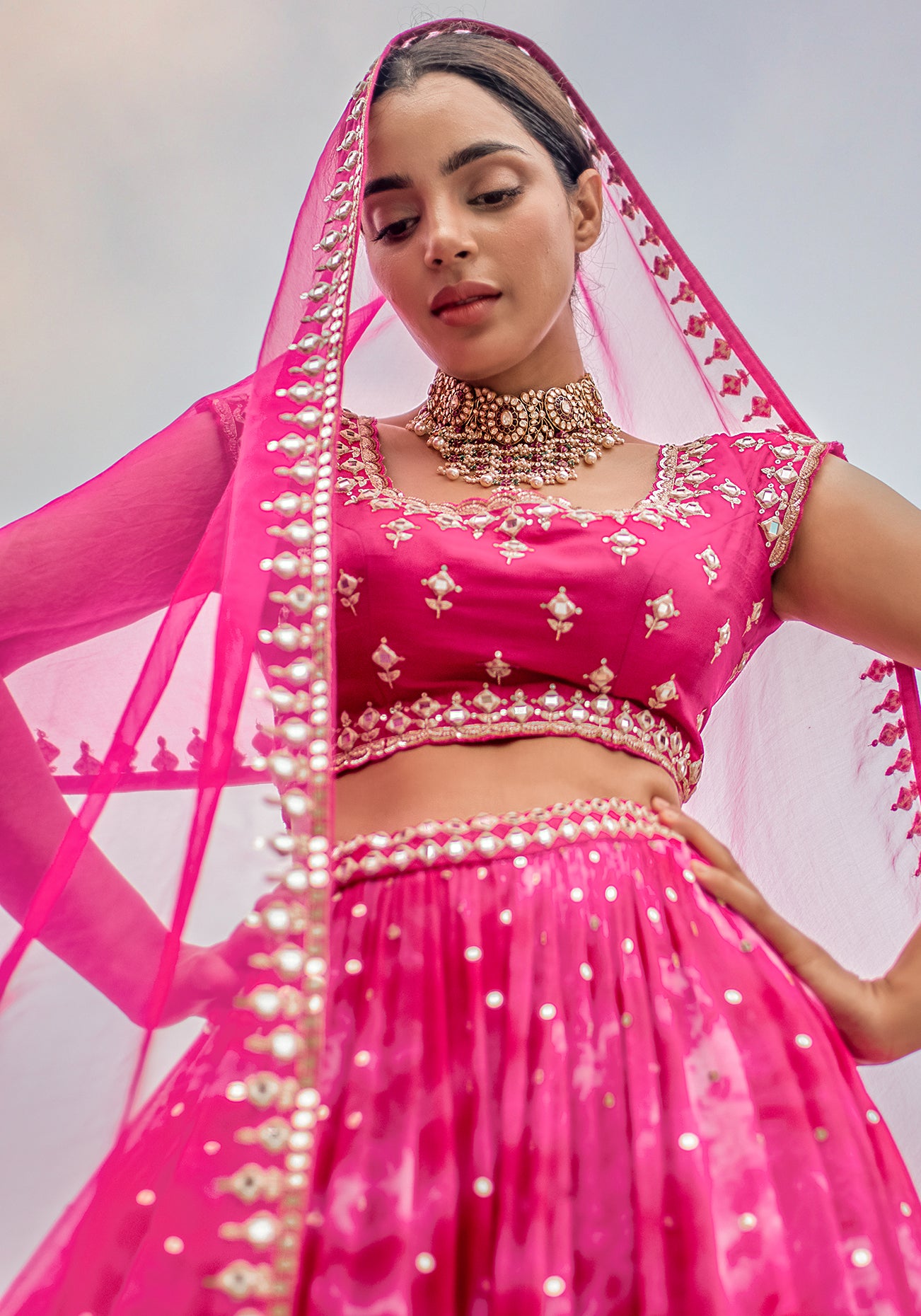 Sheena Sherwani In Hot Pink Tie-Dye Mirror-Work Lehenga Set