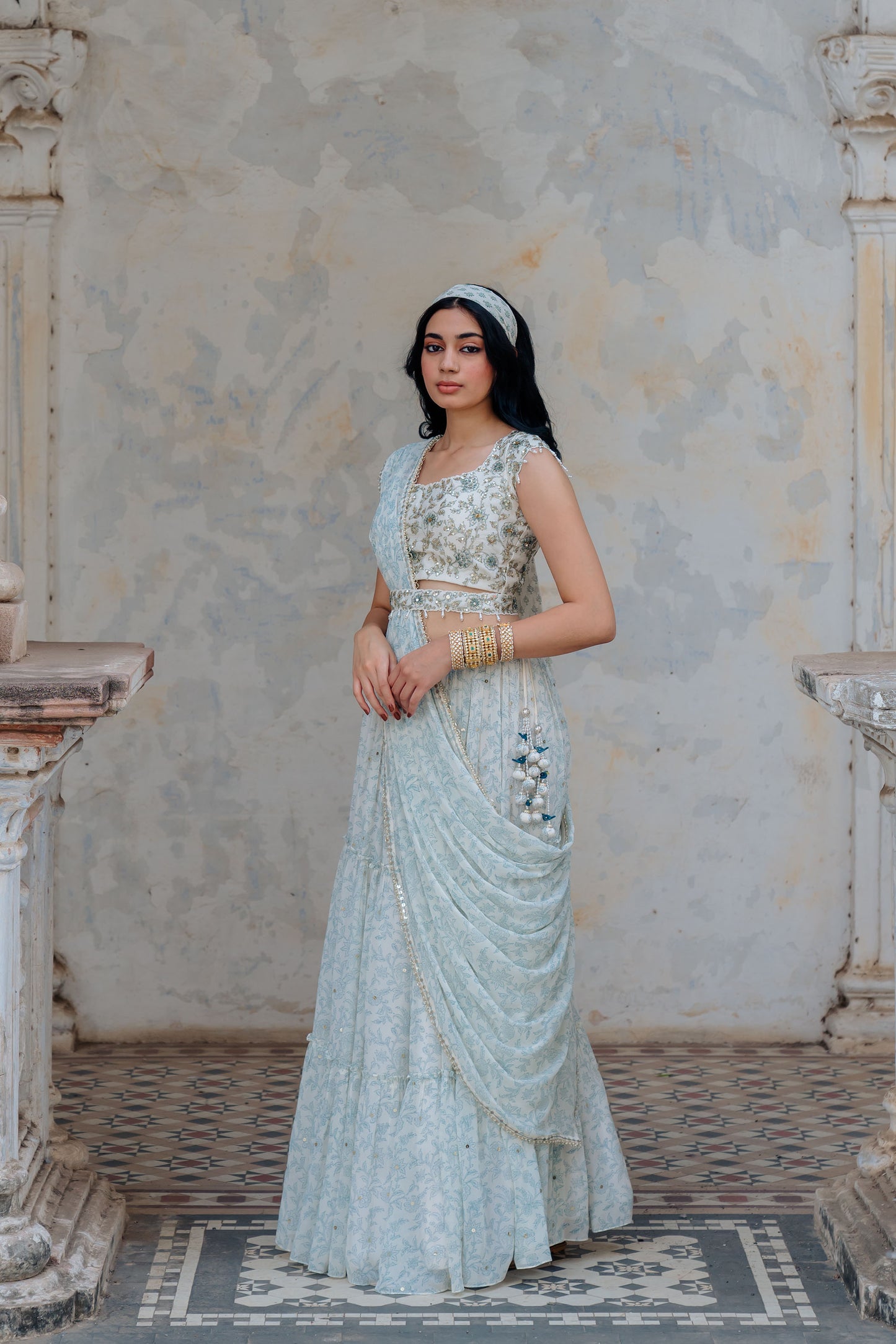 Ivory Georgette Tiered Skirt And Draped Dupatta Set