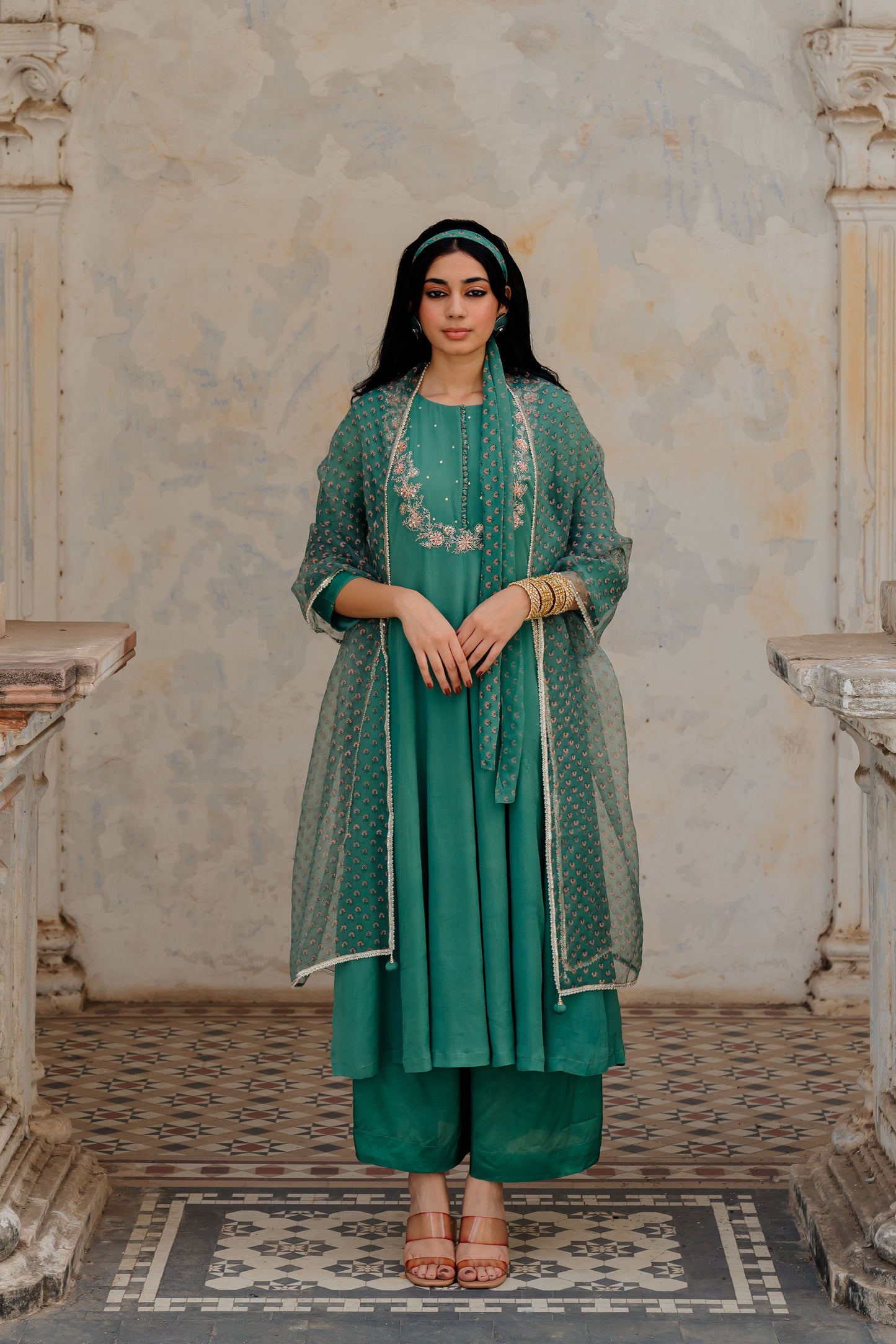 Green Chiffon Embroidered Flared Anarkali Set