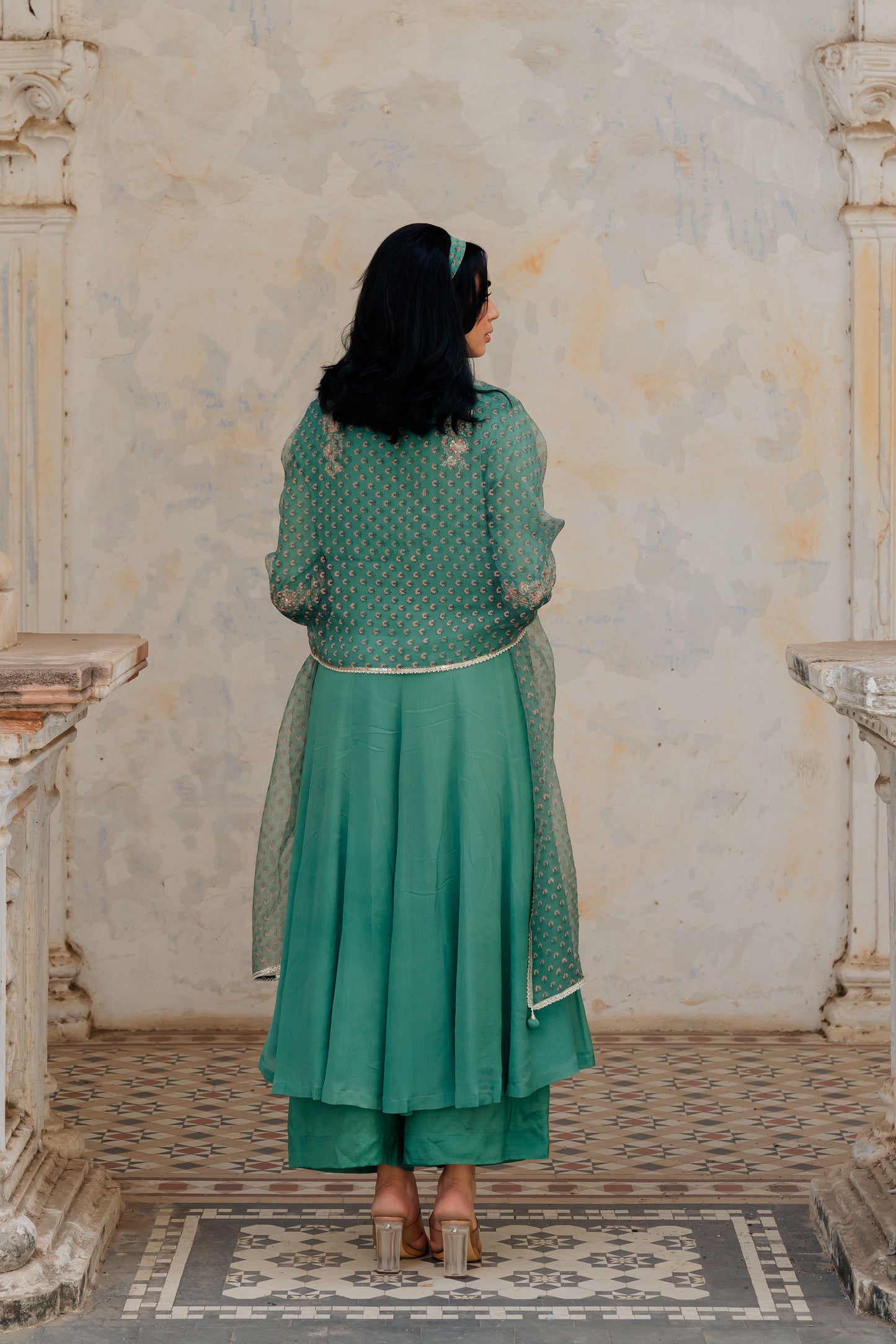 Green Chiffon Embroidered Flared Anarkali Set